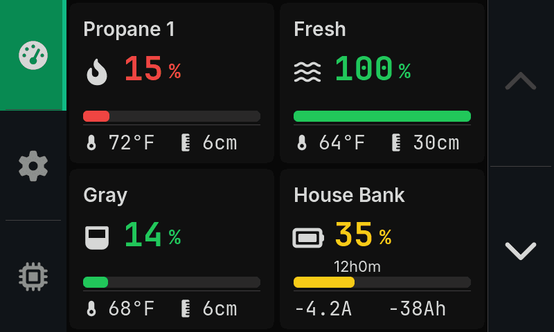 Glance Deck dashboard showing propane, water, and battery levels